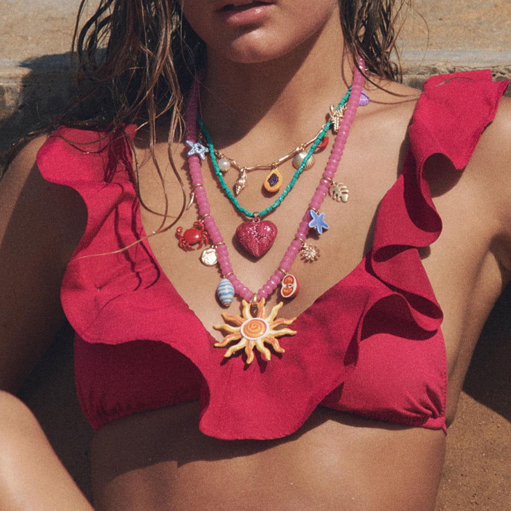 Boho Ocean Beaded Necklace – Handmade Multi-Layer Colorful Pendant Jewelry for Women