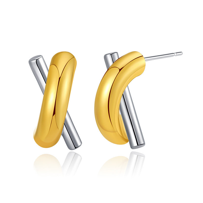 Dual-Tone Crossbar Hoop Earrings – Gold & Silver Modern Minimalist Design