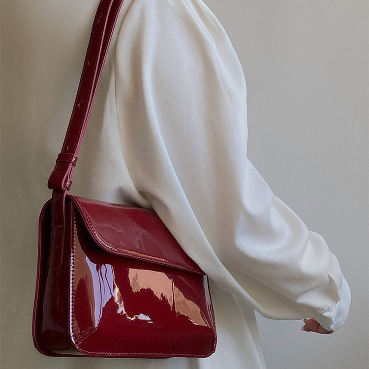 Retro Red Patent Leather Shoulder Bag – Small Square Underarm Bag for Women