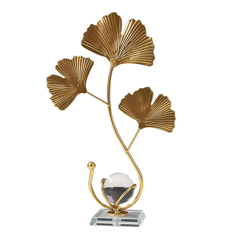 Modern Gold Leaf Crystal Ball Decor – Nordic Ginkgo & Peacock Leaf Ornament for Home