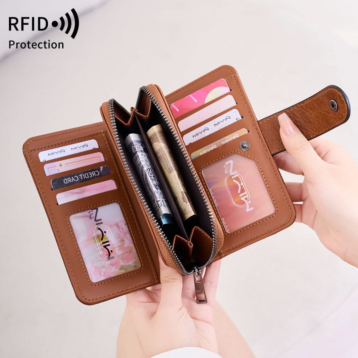 Women's RFID Blocking PU Leather Tri-Fold Wallet – Zipper Coin Purse