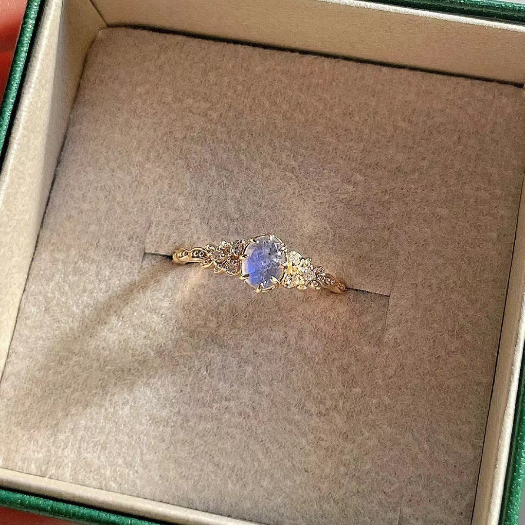 Elegant Blue Gemstone Leaf Design Adjustable Ring – Women’s Jewelry
