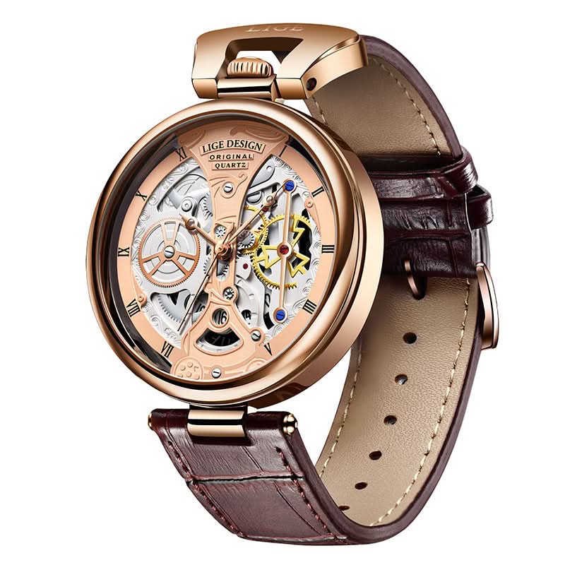 Men’s Hollow Dial Quartz Watch – Trendy Waterproof Leather Strap Timepiece