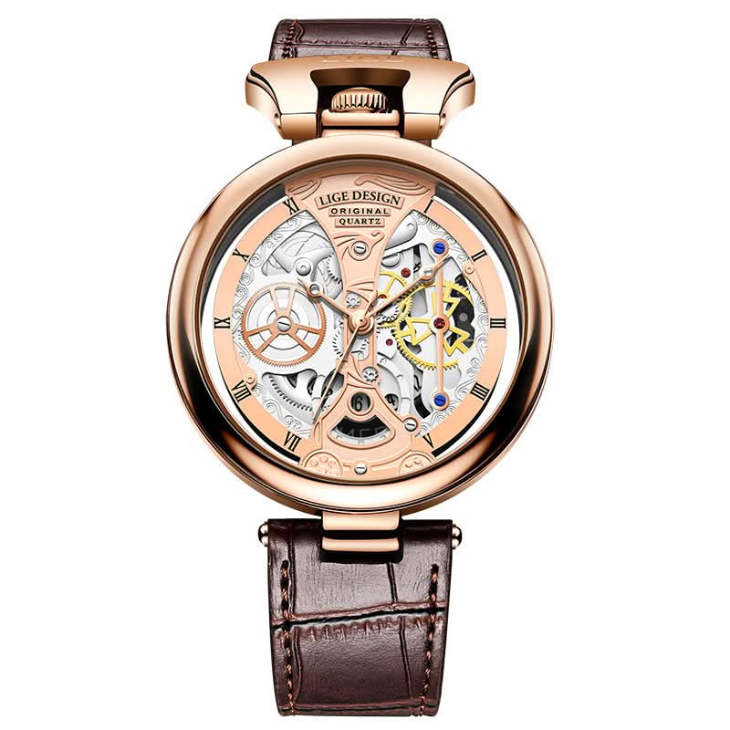 Men’s Hollow Dial Quartz Watch – Trendy Waterproof Leather Strap Timepiece
