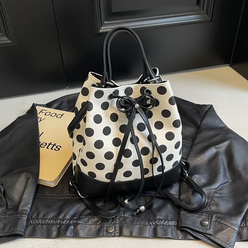 Women’s Canvas Polka Dot Bucket Bag – Drawstring Backpack Bag