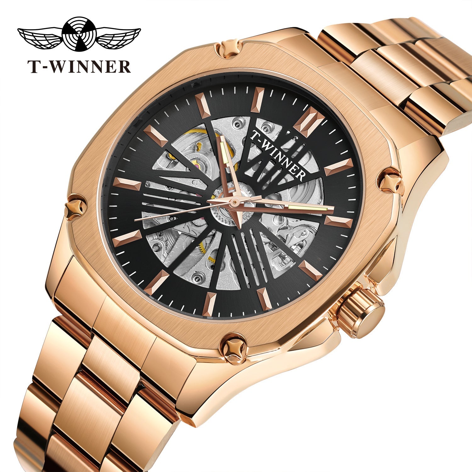 T-Winner Men’s Square Skeleton Automatic Mechanical Watch – Luminous Dial