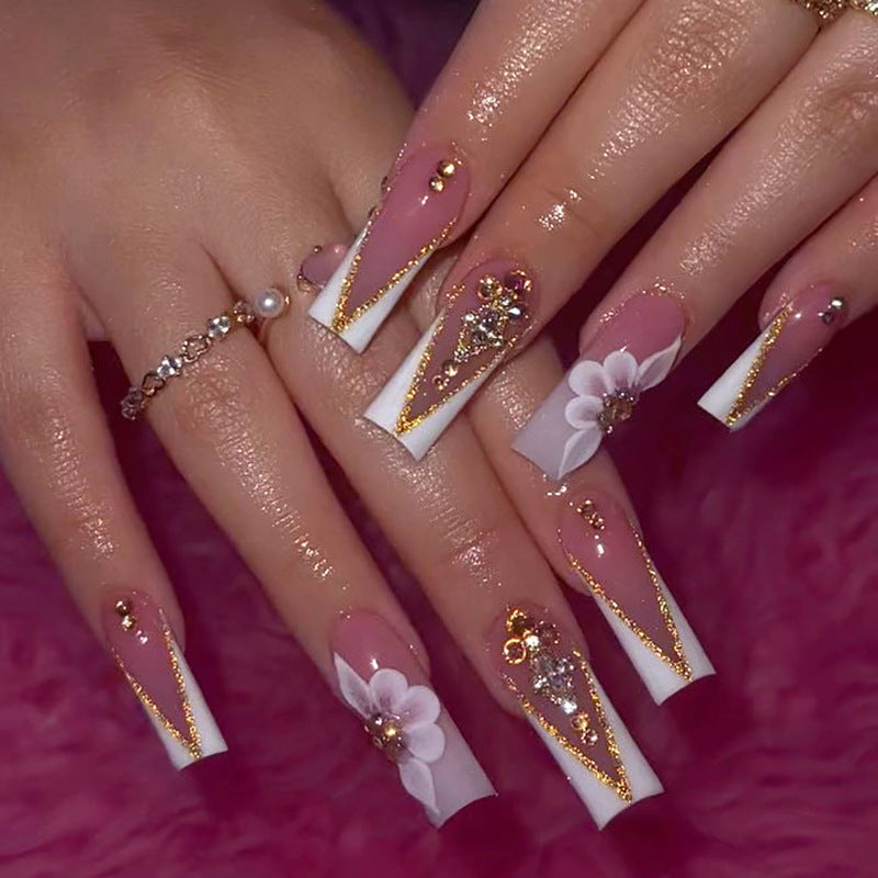 Glamorous V-French Press-On Nails – Long Coffin with 3D Flowers & Glitter Tips