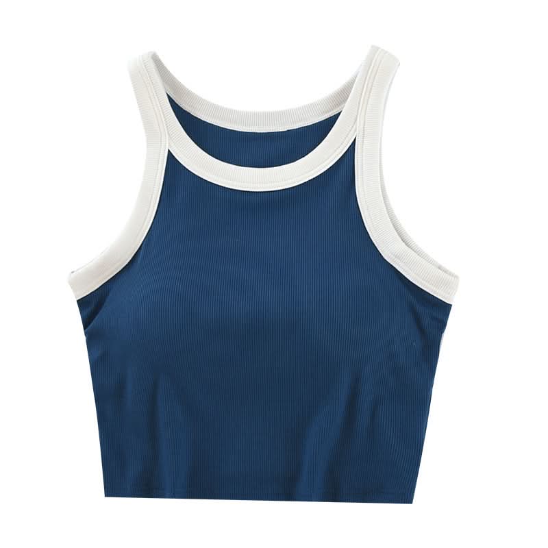 Women's Padded Tank Top – Sleeveless Contrast Color Crop Vest with High Neck