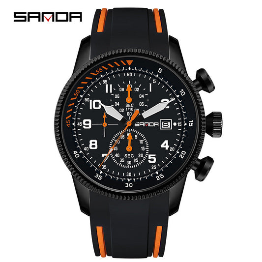 Sanda Men’s Quartz Watch – Three-Eye Chronograph, Silicone Strap Analog Watch