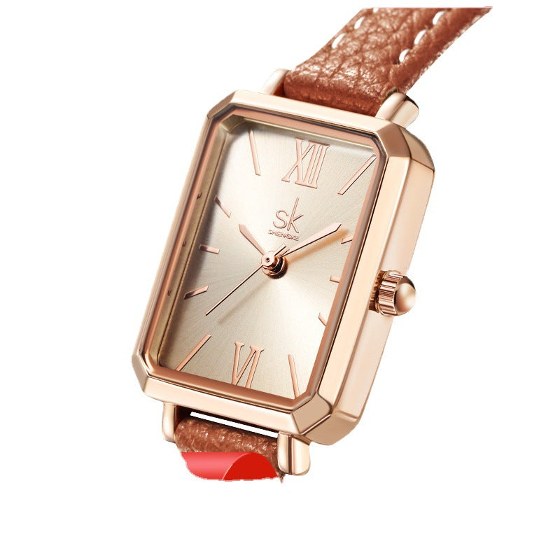 SK Women’s Quartz Watch – Square Dial, Leather Strap, 30M Waterproof Fashion Wristwatch