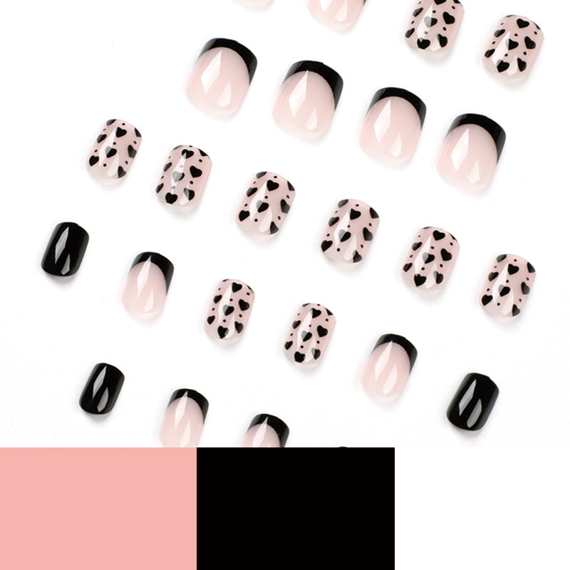 Black French Tip Press-On Nails with Heart Design – Square Glue-On Nail Art