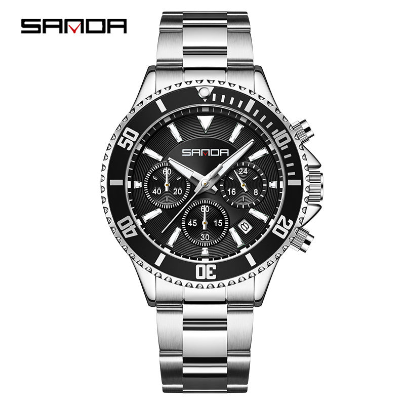 SANDA Men’s Classic Dial Quartz Watch – Luminous Waterproof Stainless Steel Wristwatch