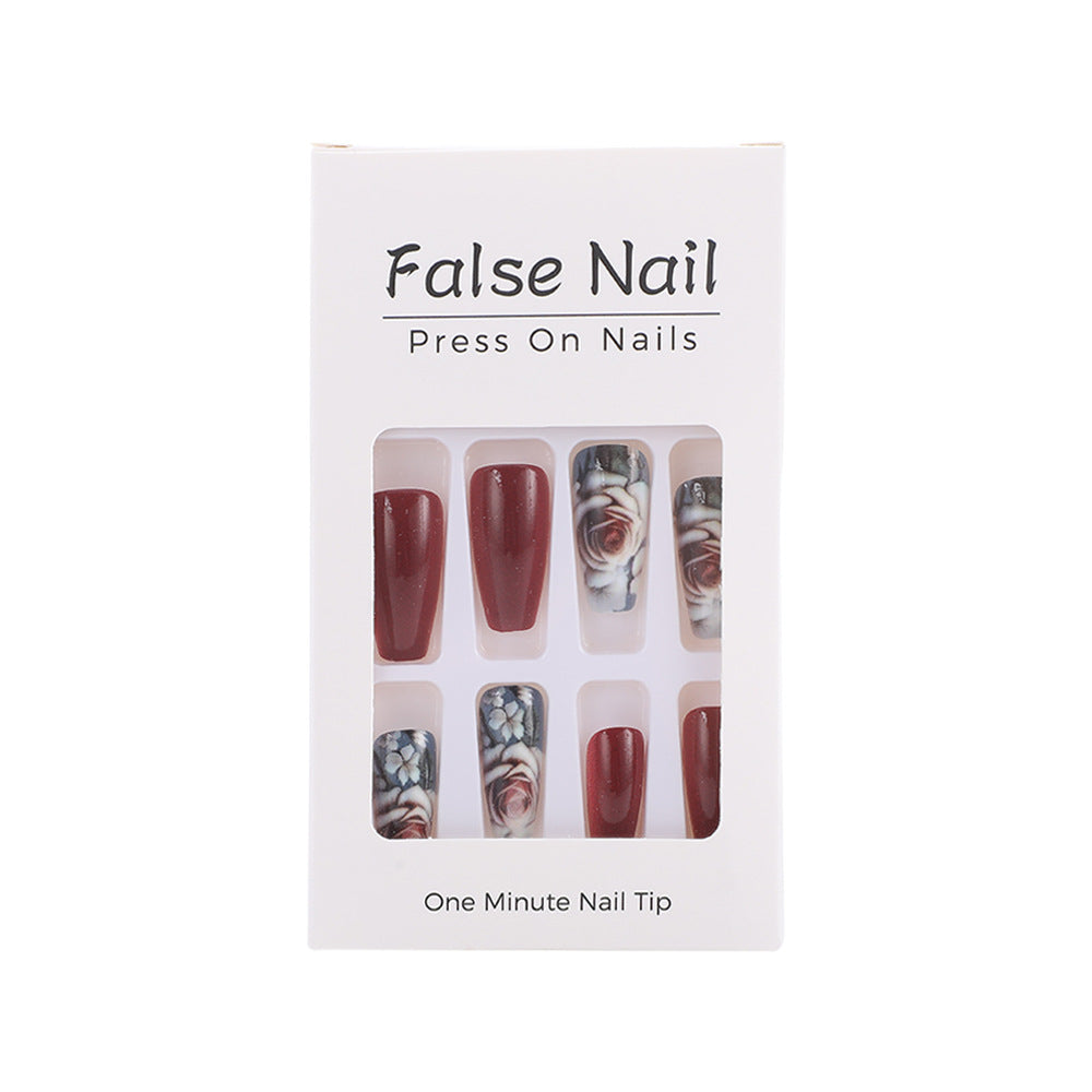 Elegant Square Press-On Nails – Medium Red Rose Floral Design Nails