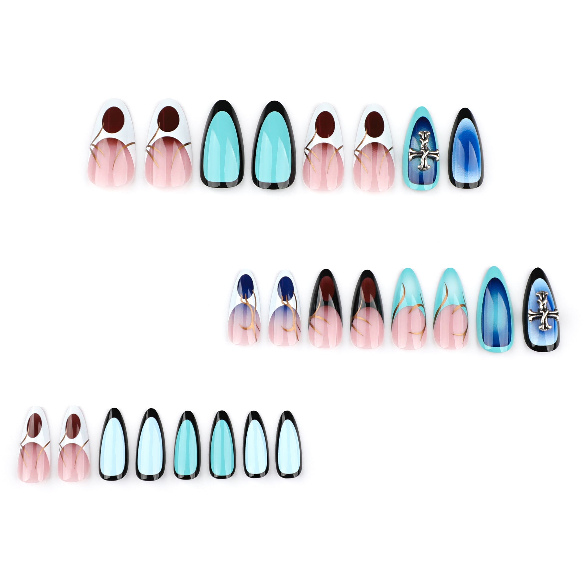 Press-On Nails – Long Stiletto Glue-On Set with Cross Design & Abstract Swirls