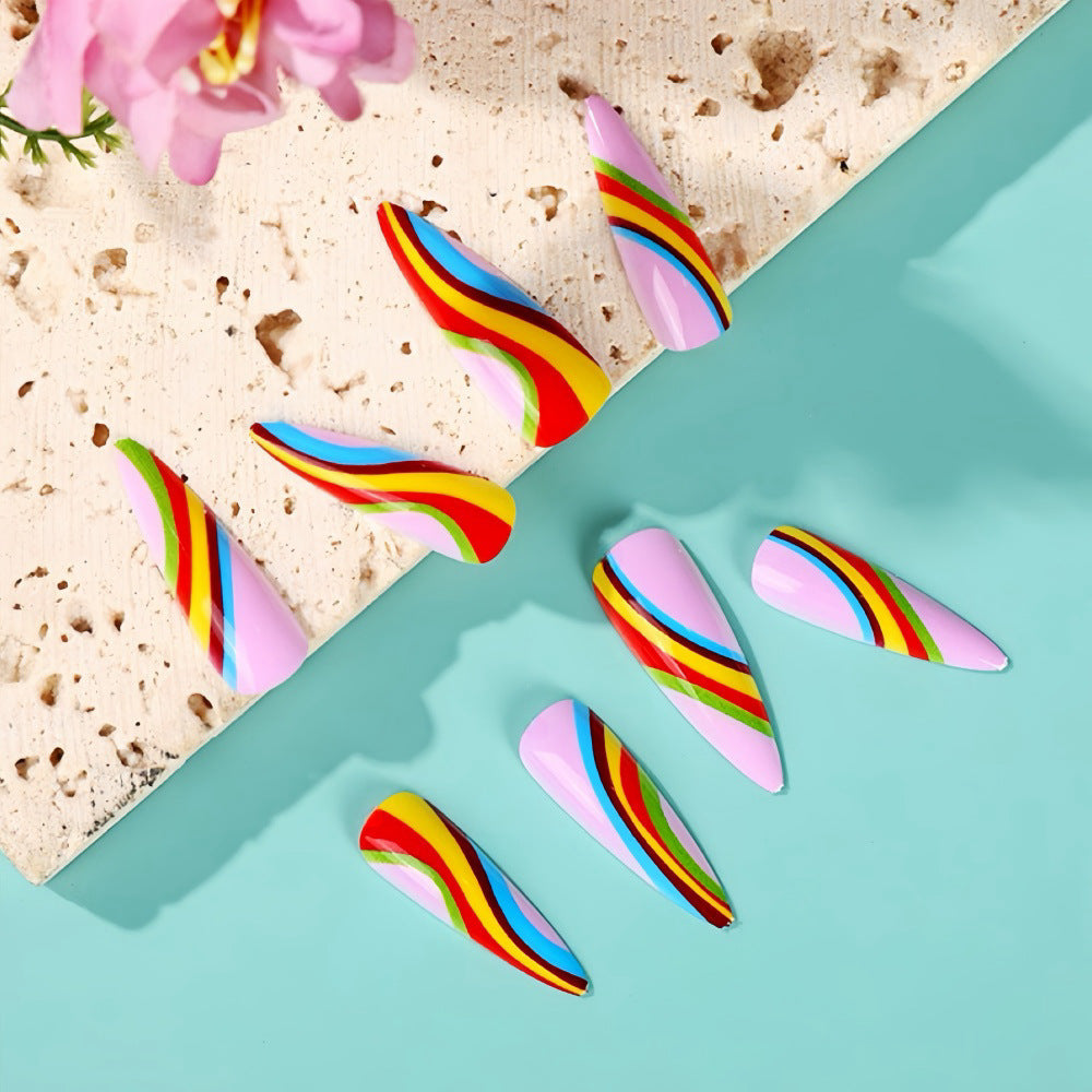 Dreamy Rainbow Stiletto Press-On Nails – Long Colorful Swirl Almond Tips