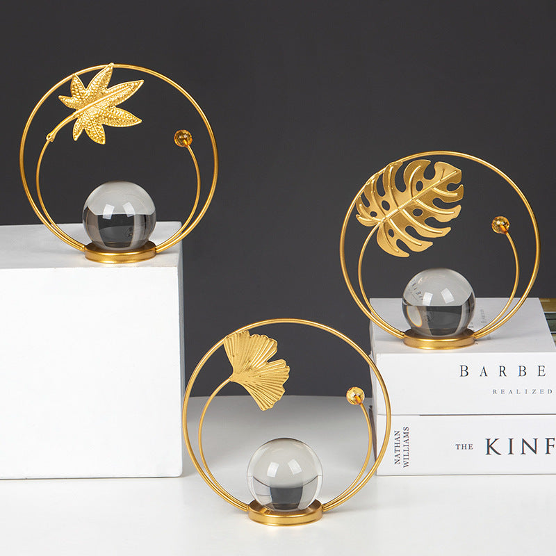 Modern Gold Iron Crystal Ball Leaf Ornament – Home Decor Accent