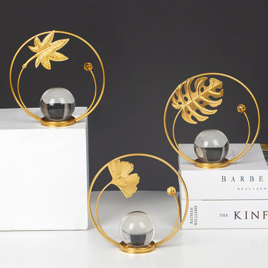 Modern Gold Iron Crystal Ball Leaf Ornament – Home Decor Accent