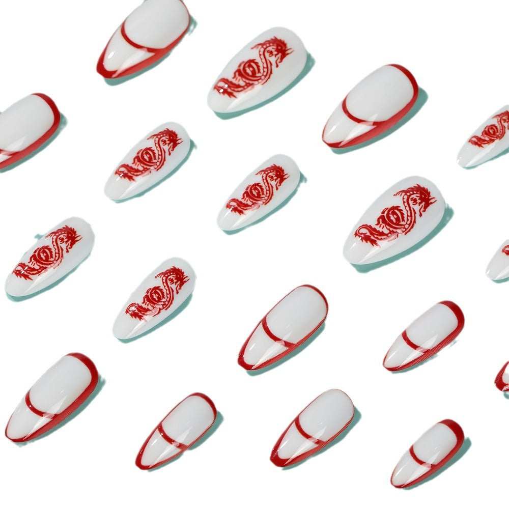 Lucky Dragon Red & White Almond Press-On Nails – Bold Festive Design