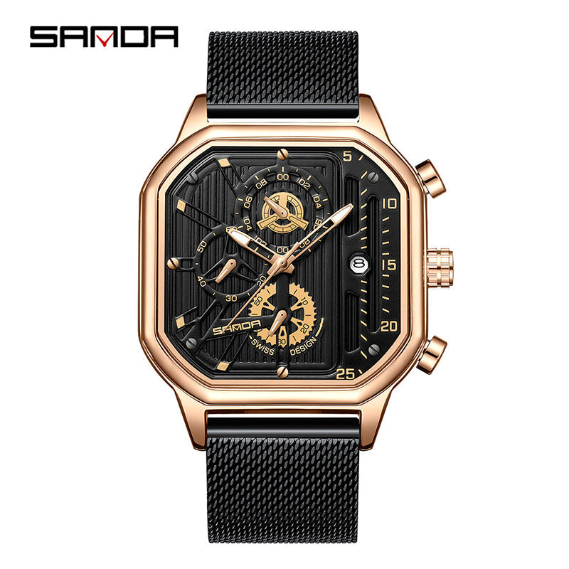 SANDA Men's Mesh Steel Square Quartz Watch – Multifunction Calendar Waterproof Timepiece