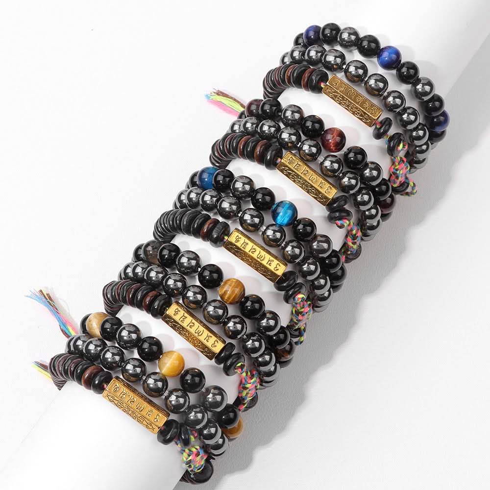 Unisex 3-Piece Tiger Eye & Agate Bead Bracelet Set – Six-Word Mantra