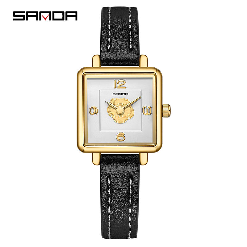 Sanda Women’s Square Quartz Watch – Waterproof Leather Strap Casual Analog Watch