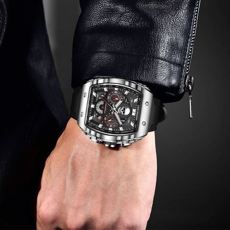 Men’s Skull Dial Quartz Watch – Luminous Barrel-Style Timepiece