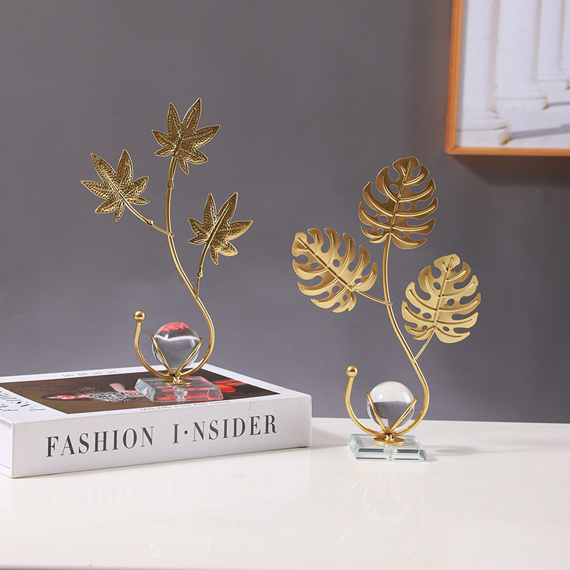 Modern Gold Leaf Crystal Ball Decor – Nordic Ginkgo & Peacock Leaf Ornament for Home