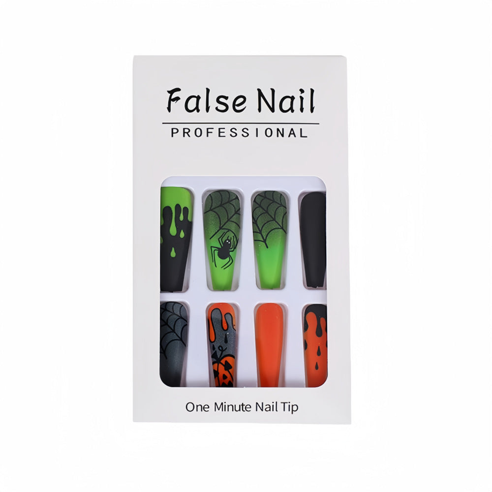 Halloween Spider Web Press-On Nails – Long Coffin Shape, Green & Orange Drip Design