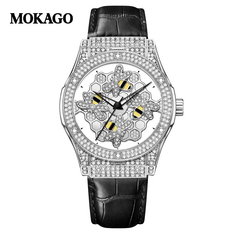 MOKAGO Women’s Quartz Watch – Diamond Hollow Dial, Leather Strap, Waterproof Timepiece