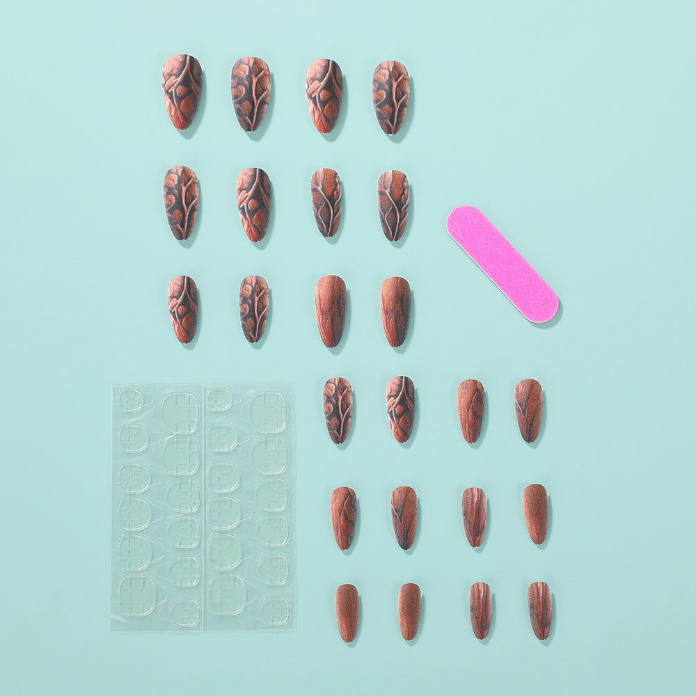 Long Stiletto Press-On Nails – Matte Wood Grain Acrylic Nail Art Set