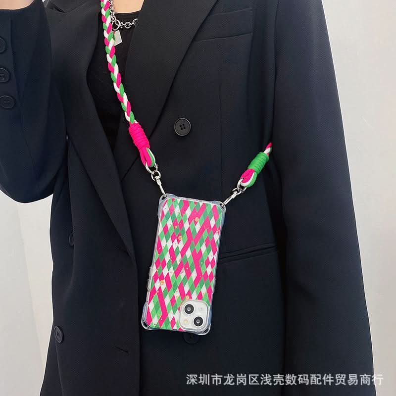 Splicing Diamond iPhone Case with Crossbody Lanyard