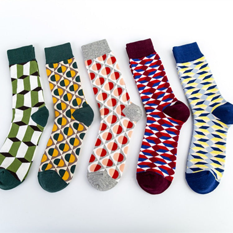 Unisex Cotton Crew Socks – British Style Geometric Pattern Casual Socks (40–46)