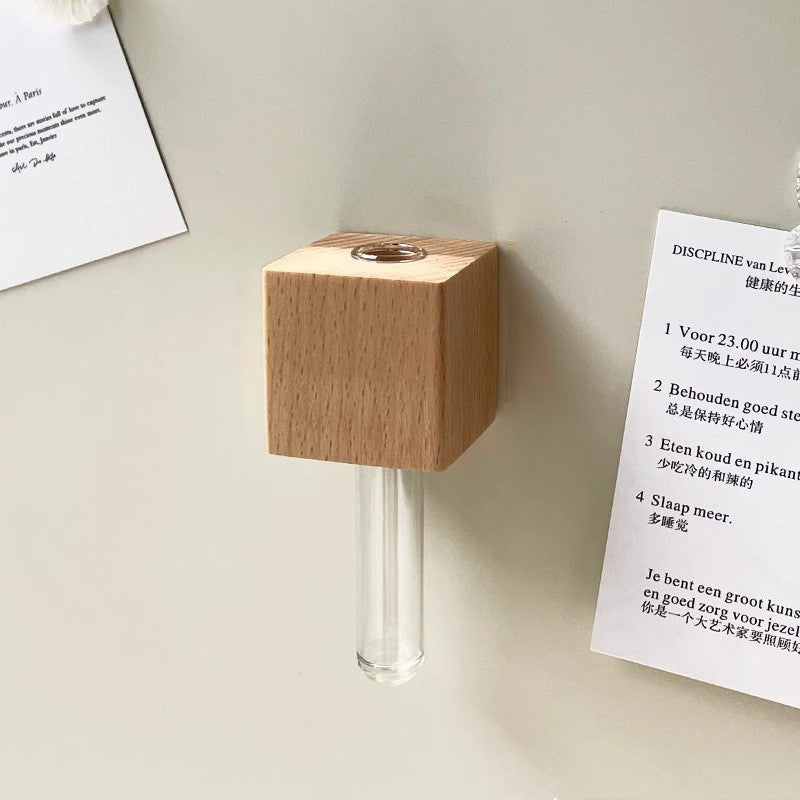 Magnetic Wooden Flower Vase – Test Tube Fridge Decor, Solid Wood Mini Planter