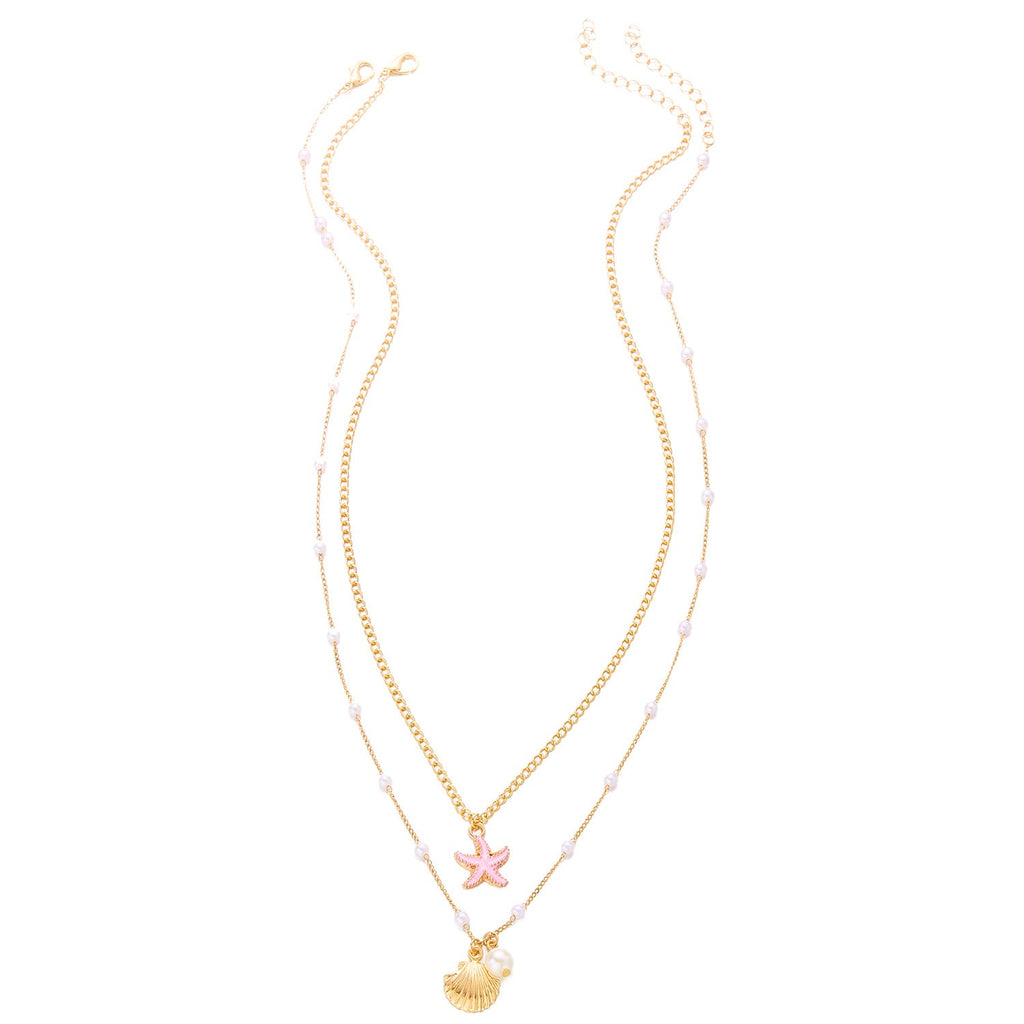 Women's Starfish Seashell Pearl Necklace – Trendy Ocean-Inspired Layered Pendant Jewelry