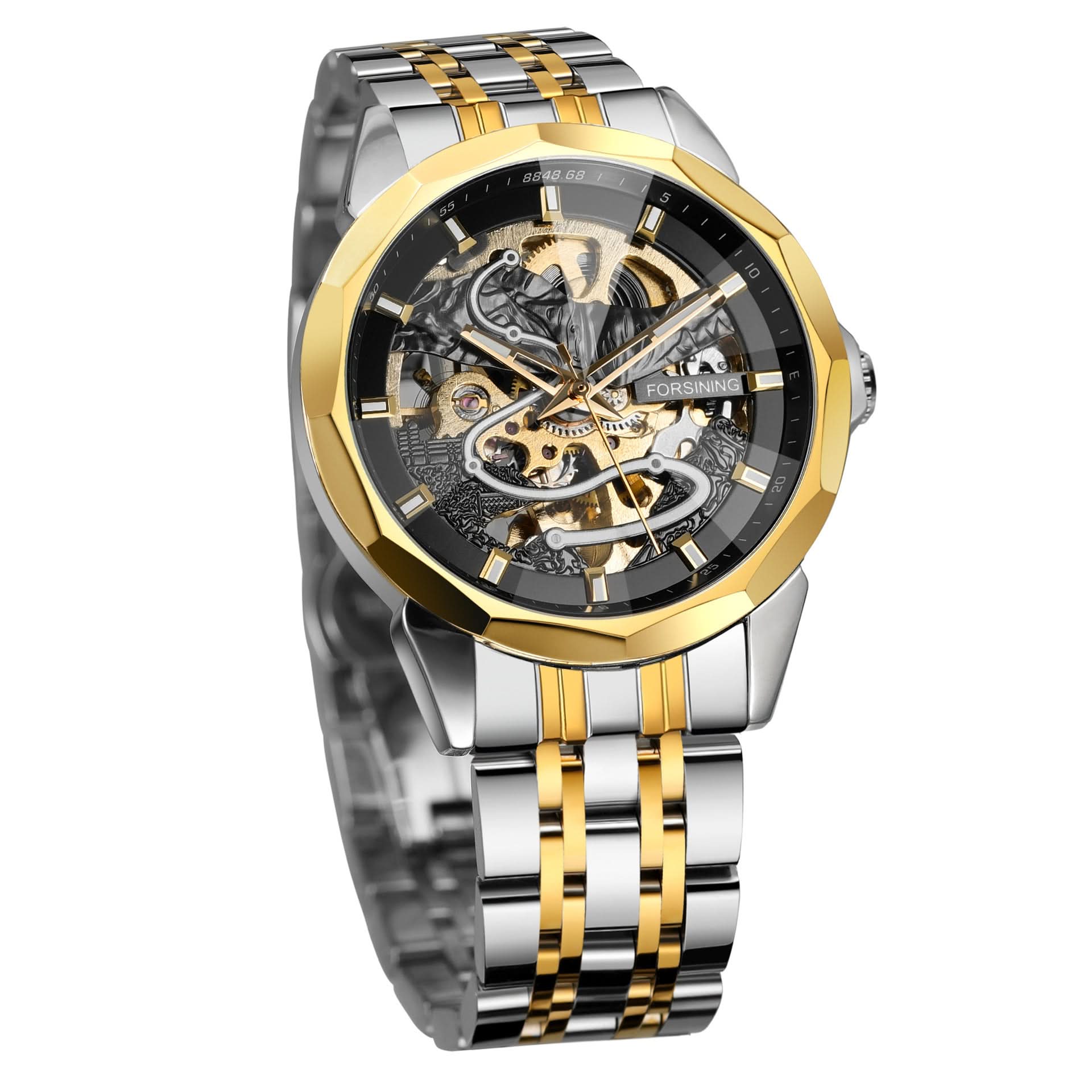 Men’s Mechanical Watch – Diamond Glass Dial, Stainless Steel Strap