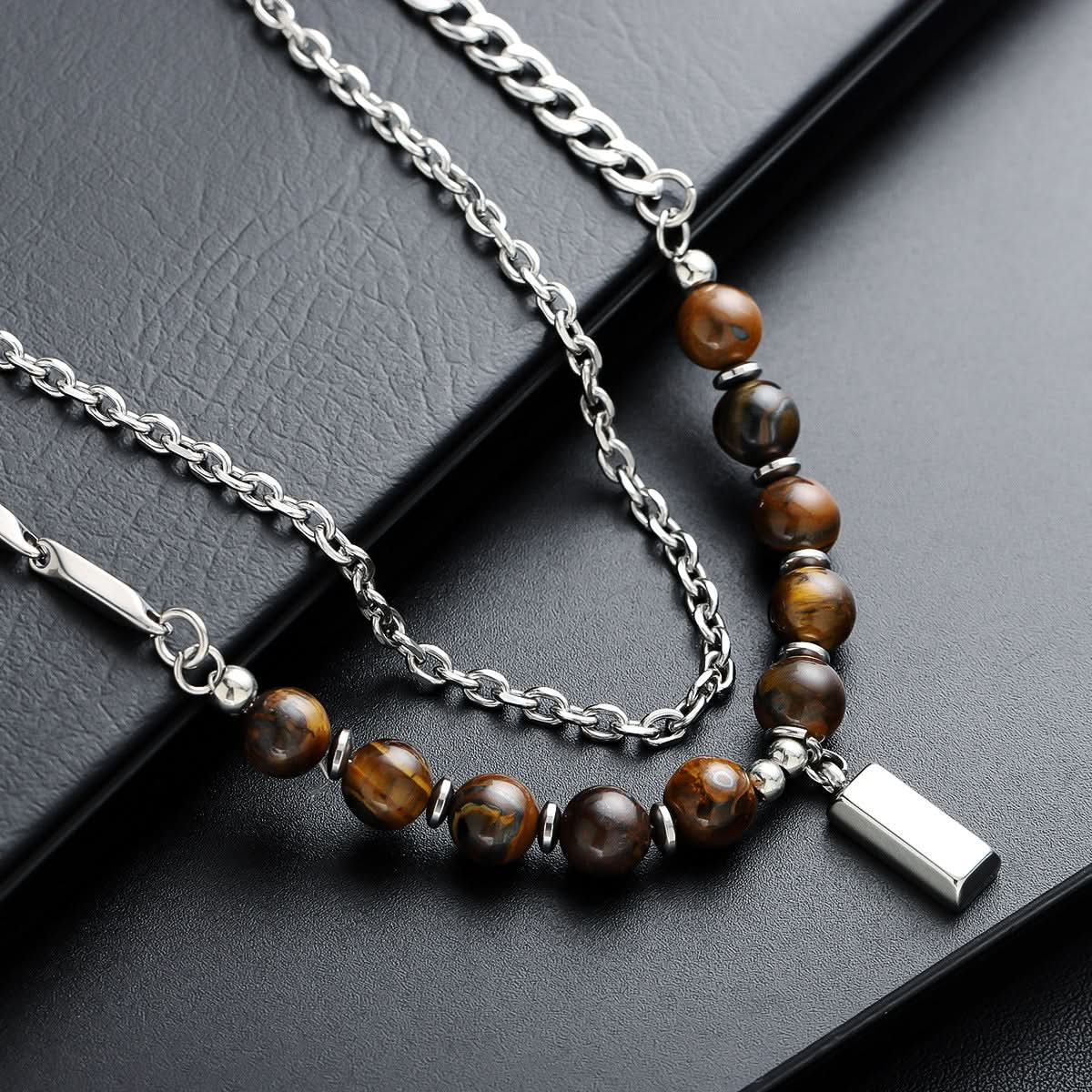Men’s Tiger Eye Stone Necklace – Geometric Square Pendant