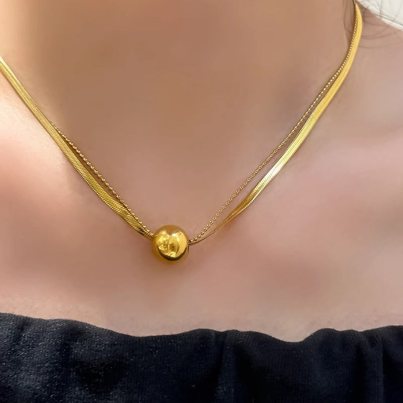 Double Layer Titanium Steel Necklace – Elegant Ball Pendant Clavicle Chain for Women
