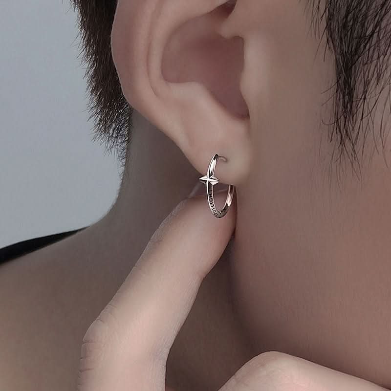 Men’s Star Punk-inspired Earrings – Silver & Black Geometric Ear Hoop