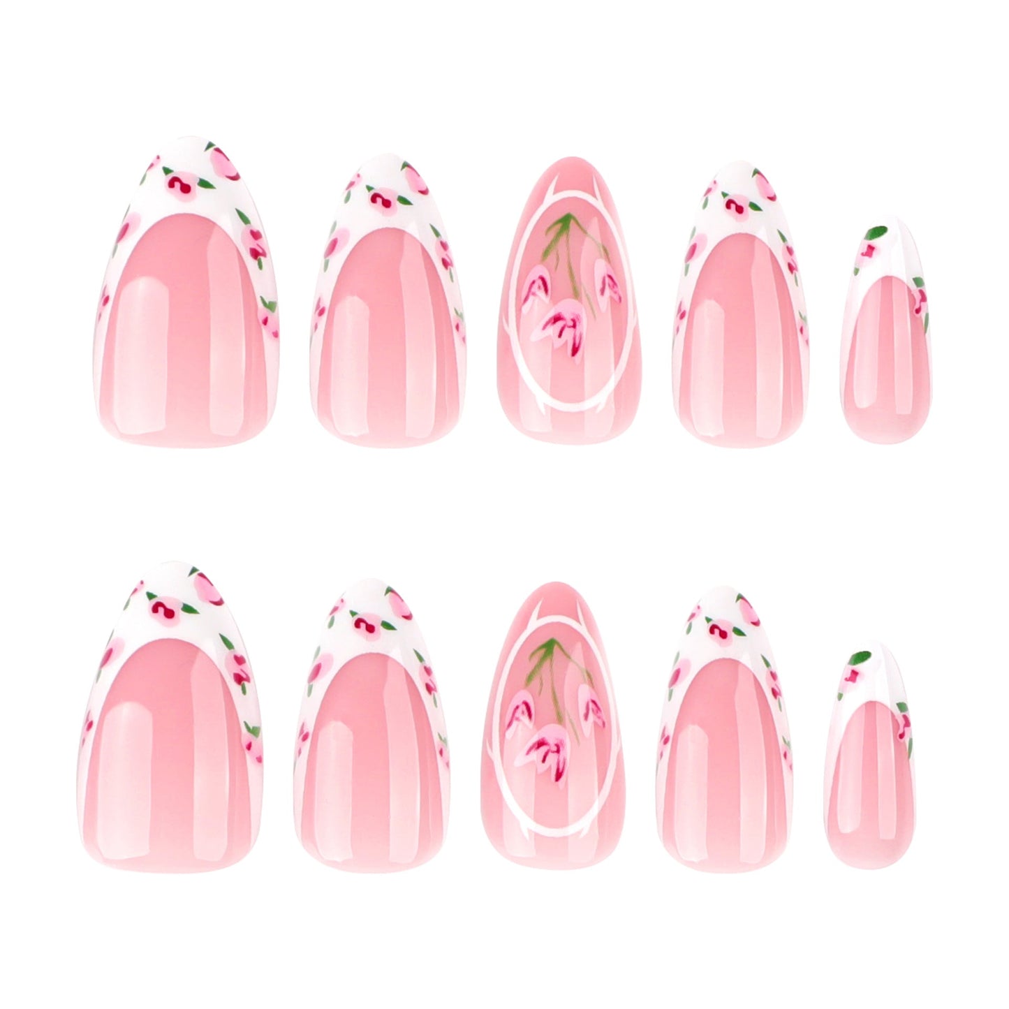 Elegant Floral French Press-On Nails – Long Almond Glue-On Tulip Nail Art
