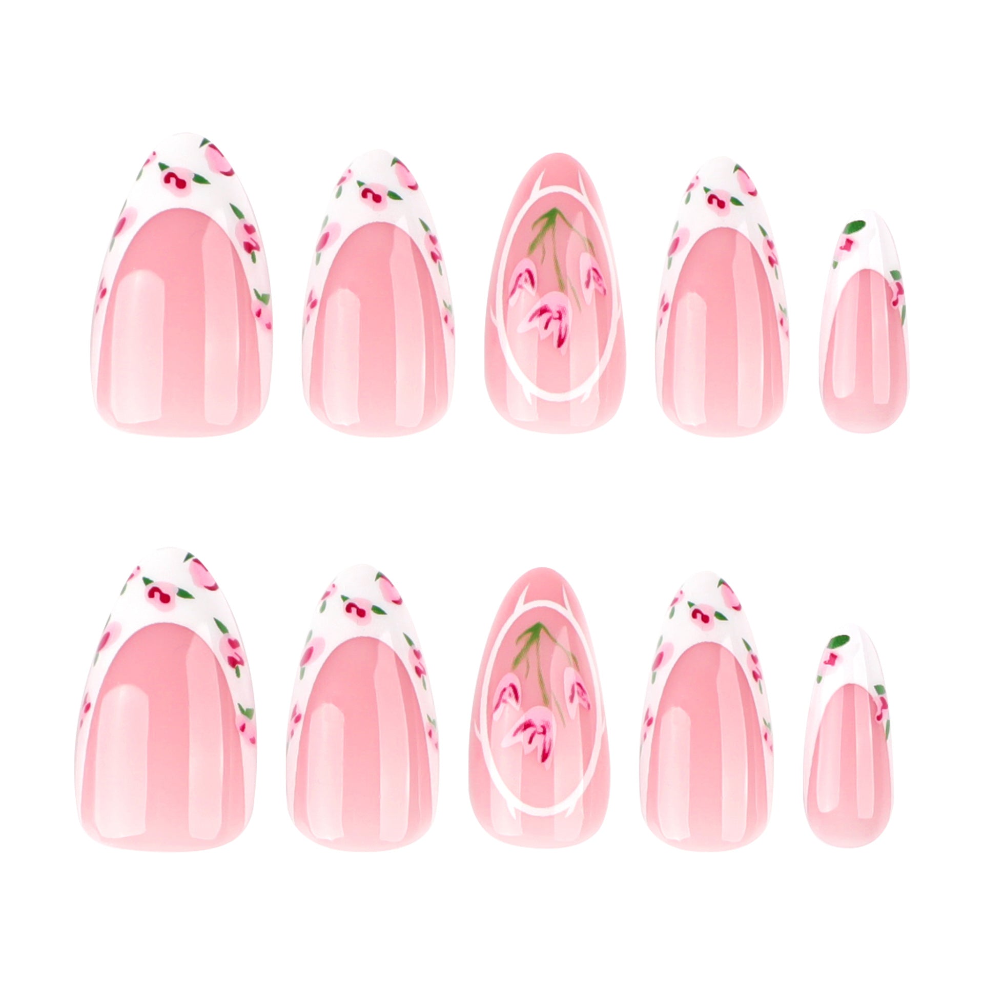 Elegant Floral French Press-On Nails – Long Almond Glue-On Tulip Nail Art