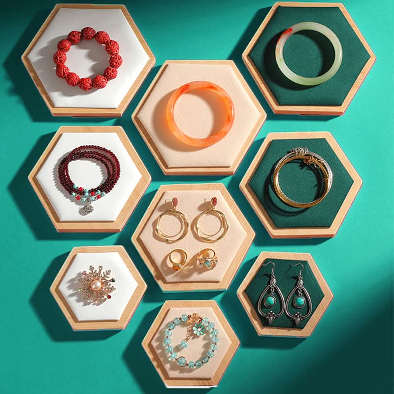 Hexagonal Bamboo & Wood Jewelry Display Tray Set