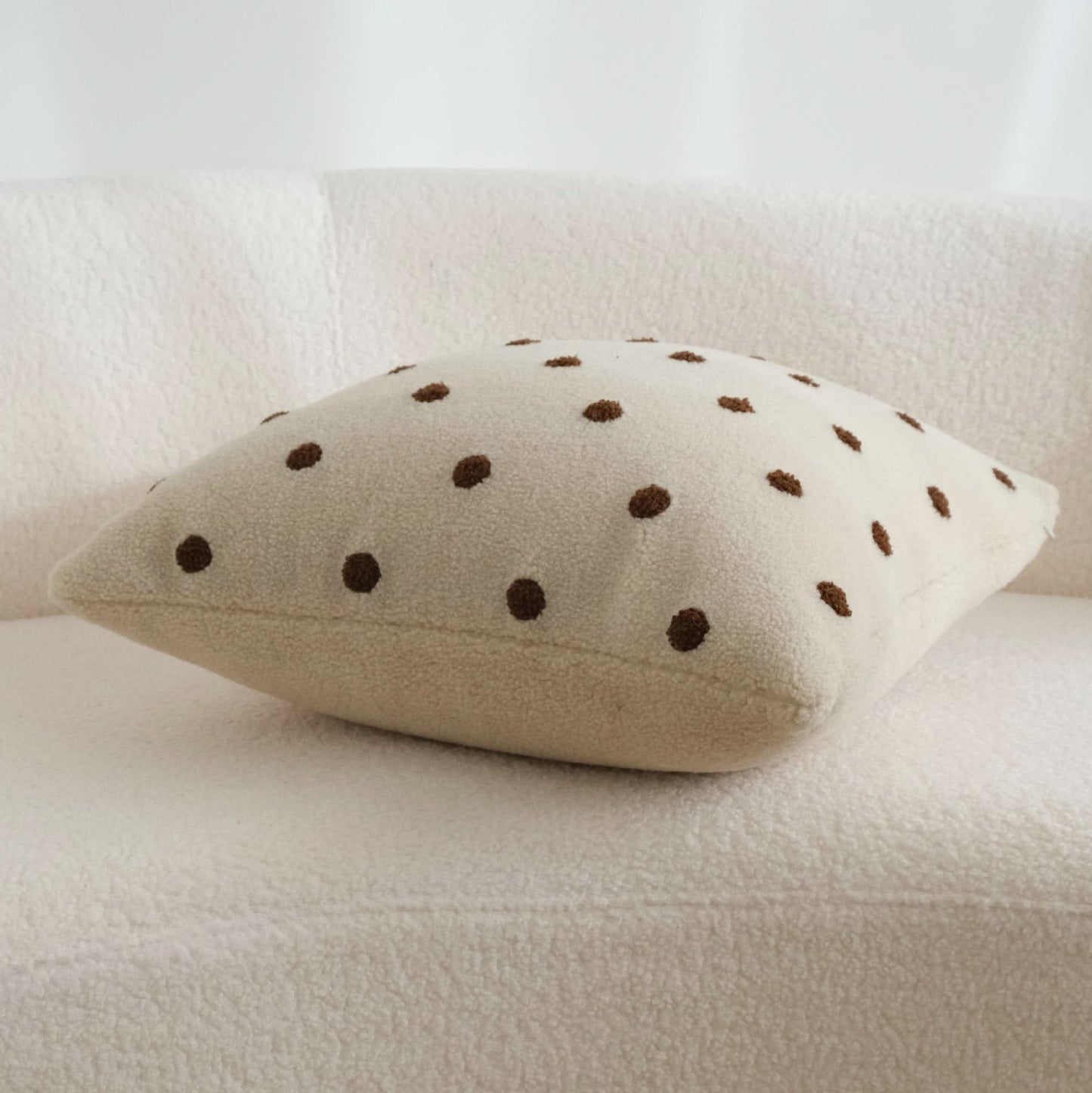 Contrast Color Polka Dot Milk Coffee Embroidery Pillow  Fleece Decorative Cushion
