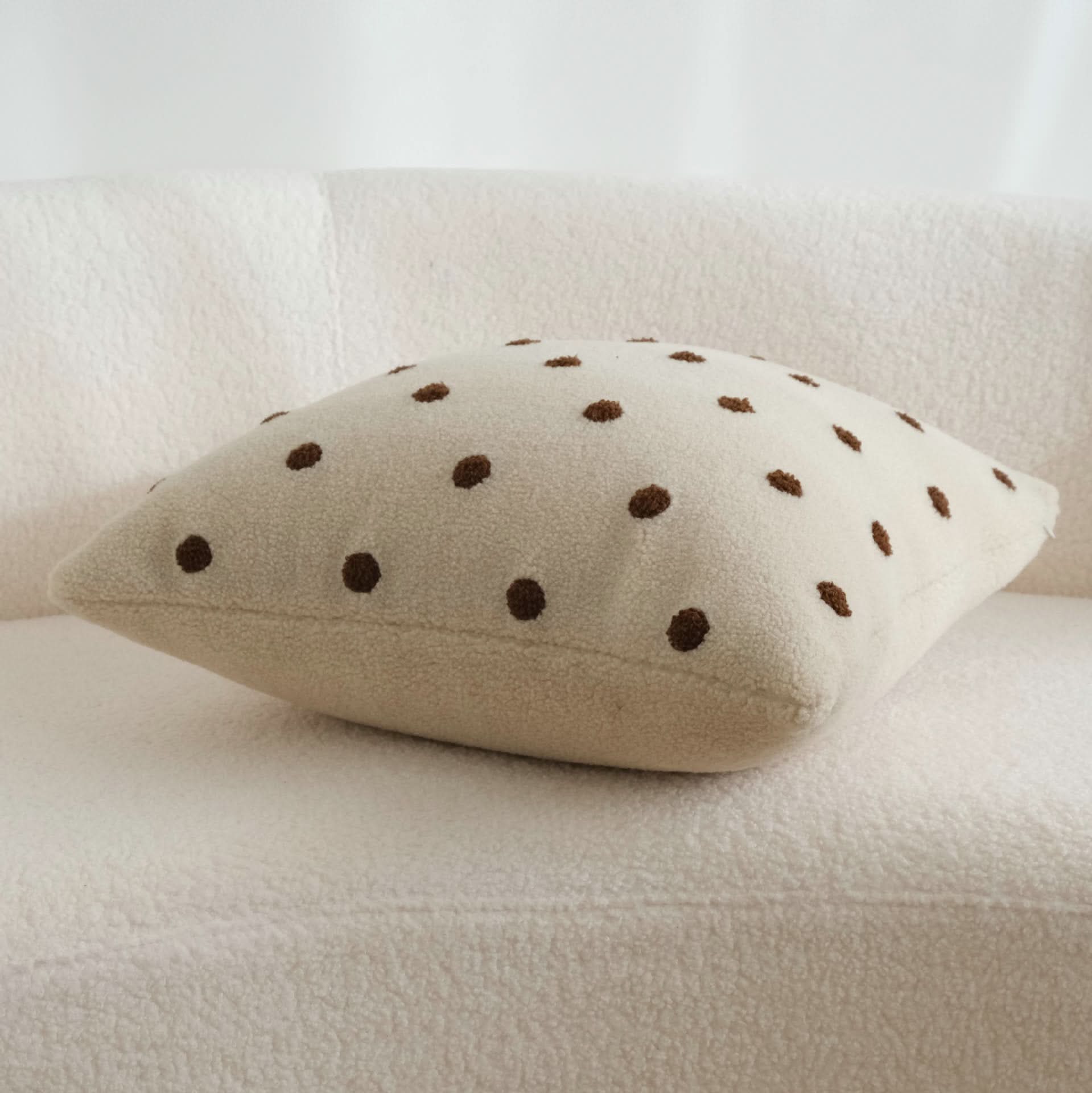 Contrast Color Polka Dot Milk Coffee Embroidery Pillow  Fleece Decorative Cushion