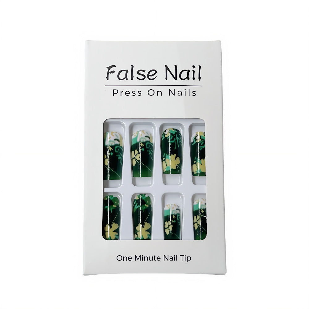 Elegant Floral Glitter Square Press-On Nails – Long Green & Gold Acrylic False Nails