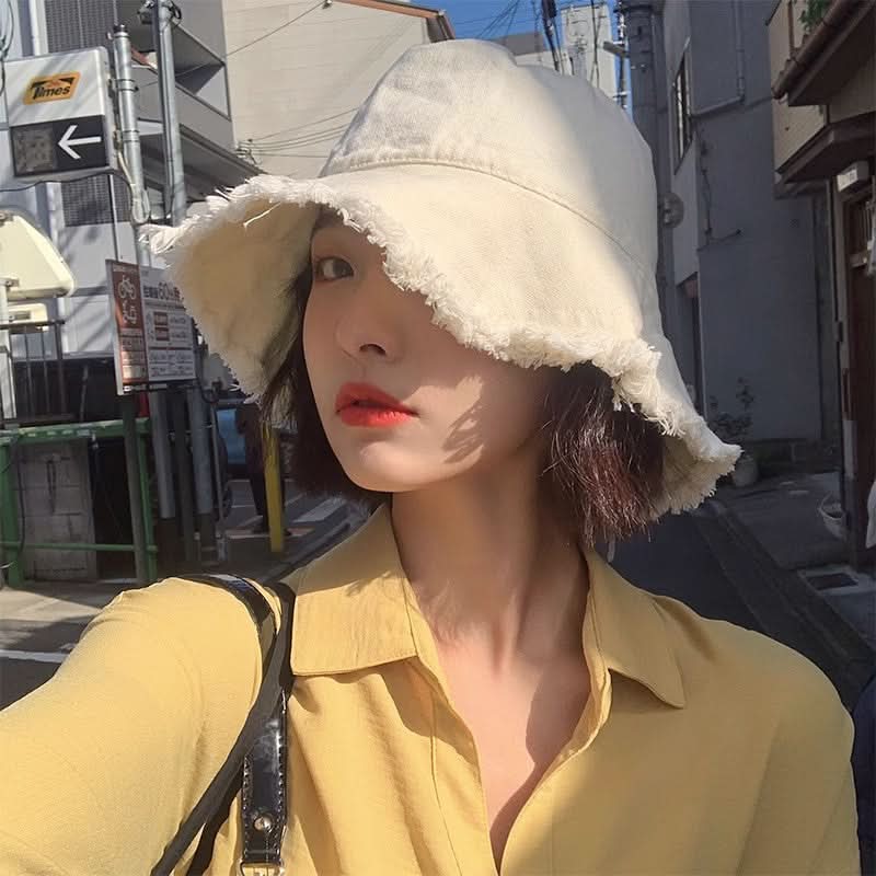 Women's Washed Cotton Bucket Hat – With Fur Edge and Hanging Rope
