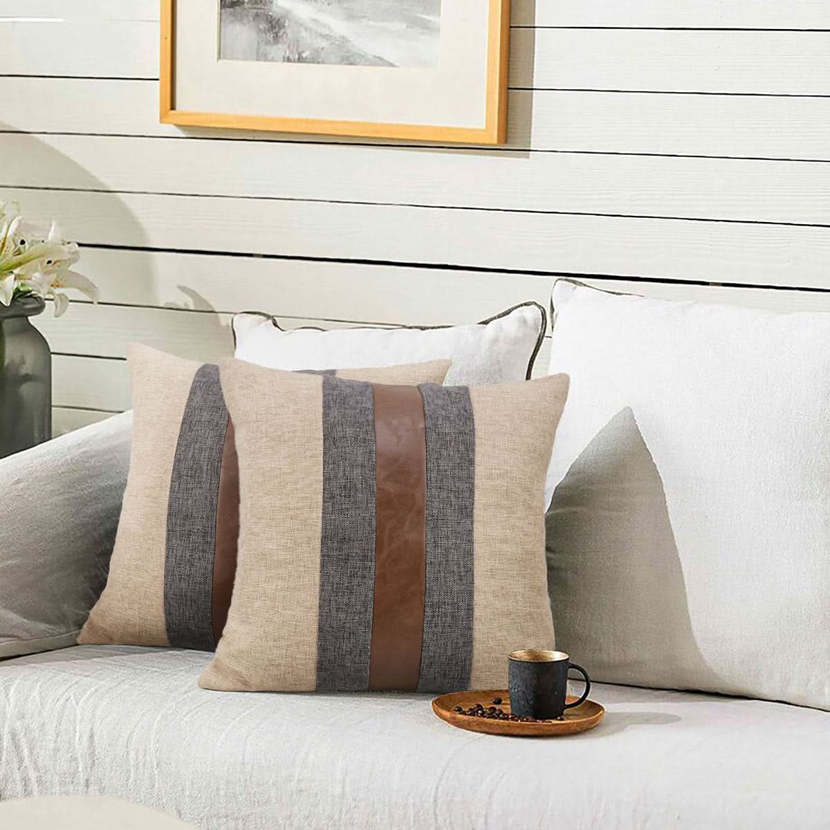 Pure Color Linen & PU Stitching Pillow Cover - Modern Simple Style
