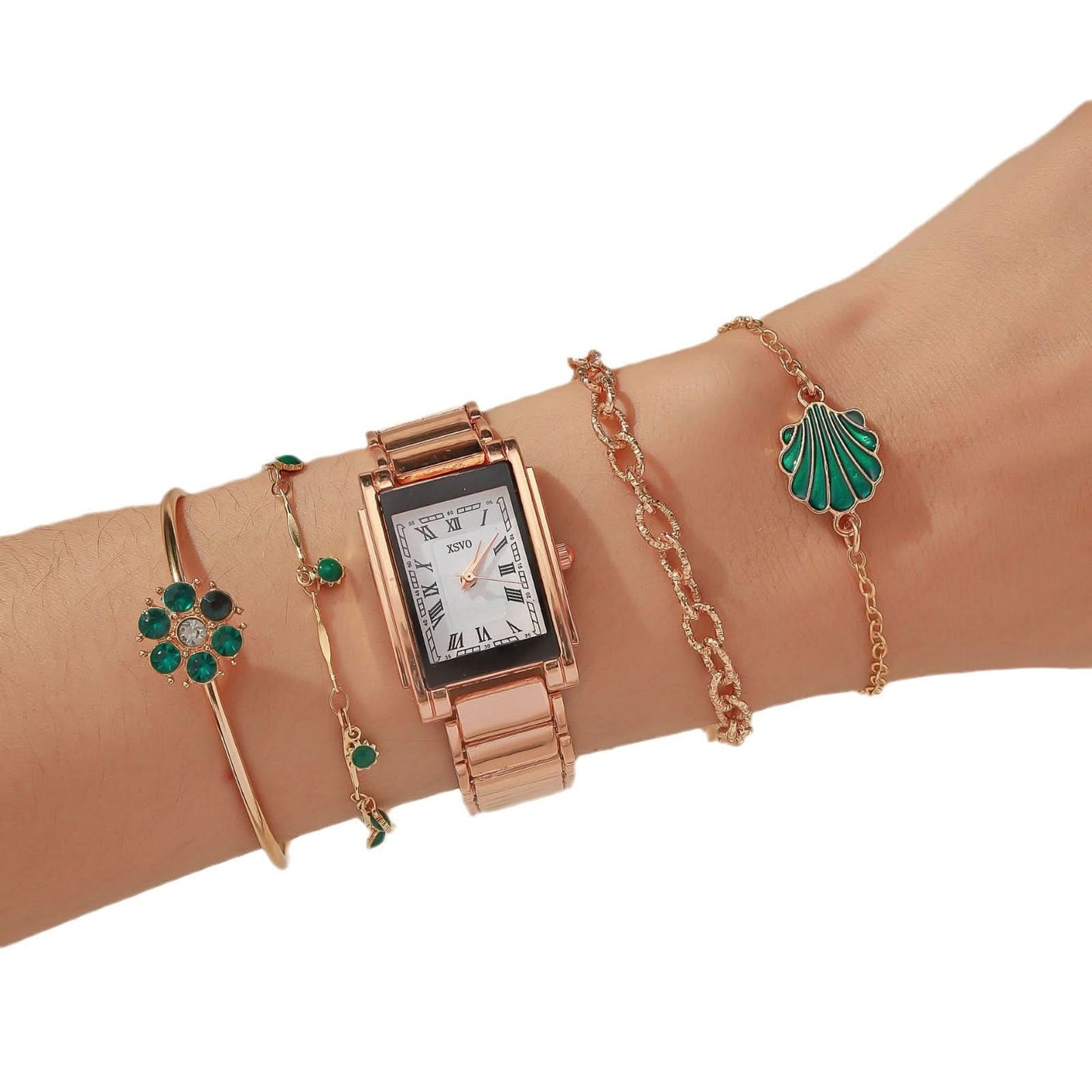 Women’s Gold Square Quartz Watch & Bracelet Set – Green Dial, Steel Band