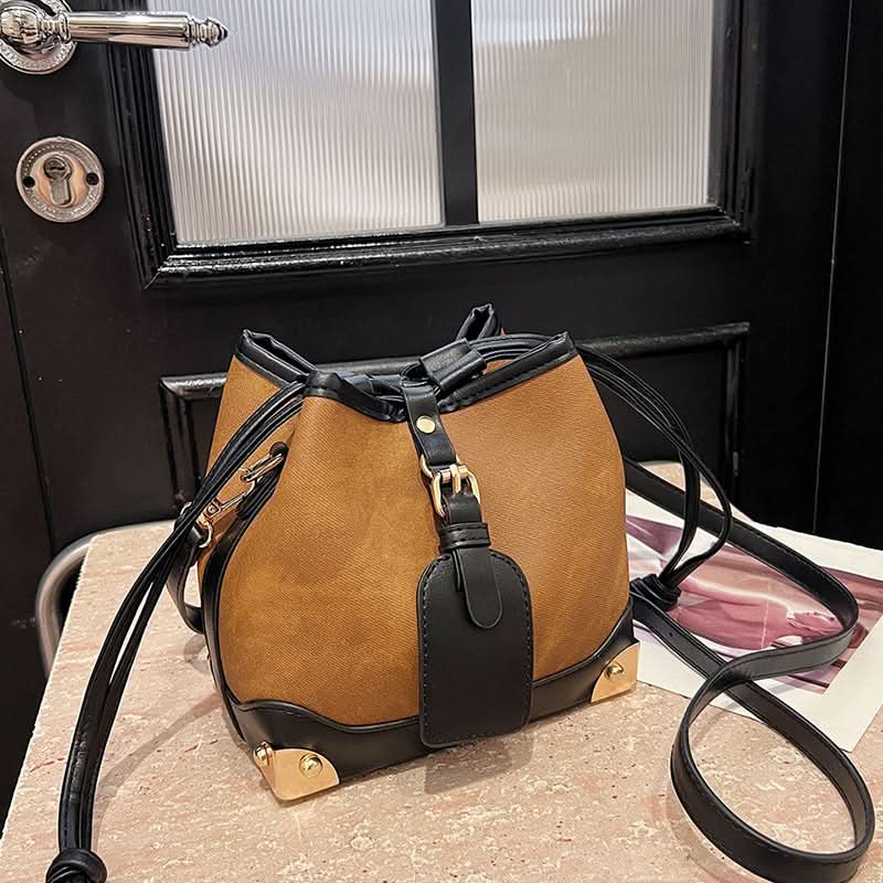 Women's PU Leather Bucket Bag – Stylish Shoulder Bag with Drawstring Closure