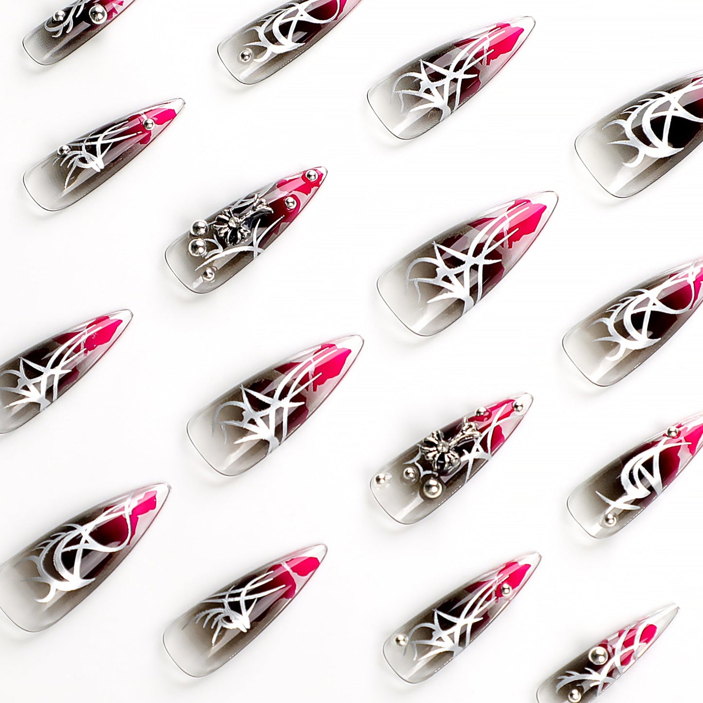 Gothic Chrome Stiletto Press-on Nails – Long Black Burgundy 3D Stud Design