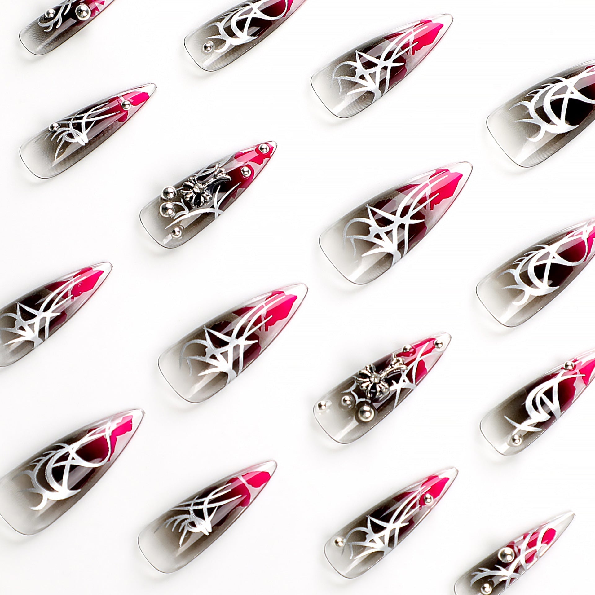 Gothic Chrome Stiletto Press-on Nails – Long Black Burgundy 3D Stud Design